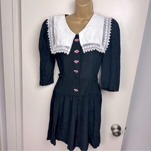 Britland Black White Collar 3-D Pink Rose Vintage Gothic Fairy Girly Dress 7